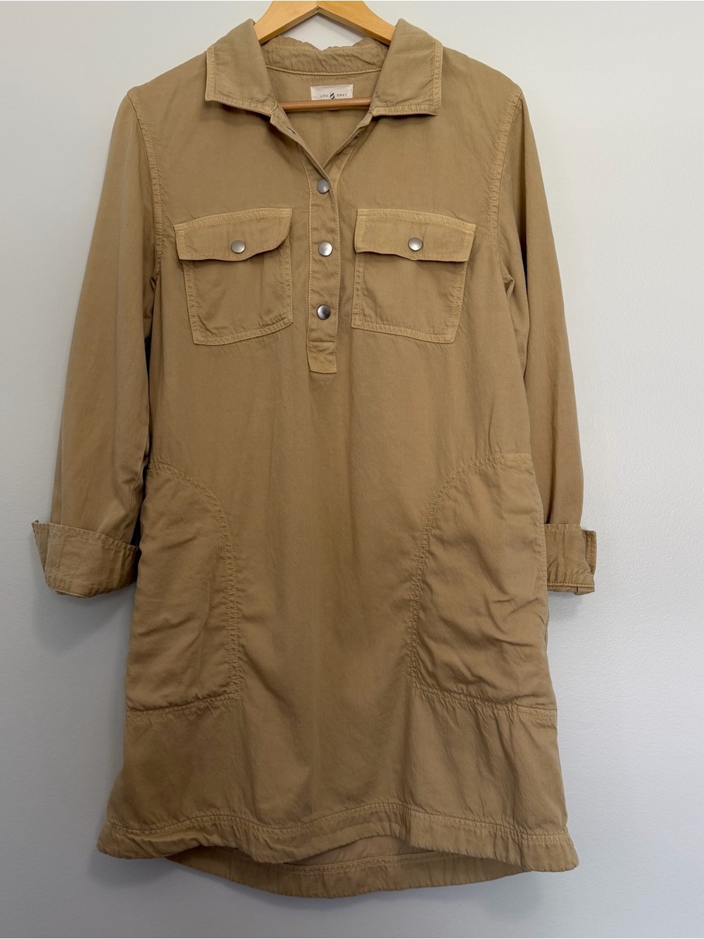Lou & Grey Utility Shirt Dress Tan Tencel Long Sleeve Pockets